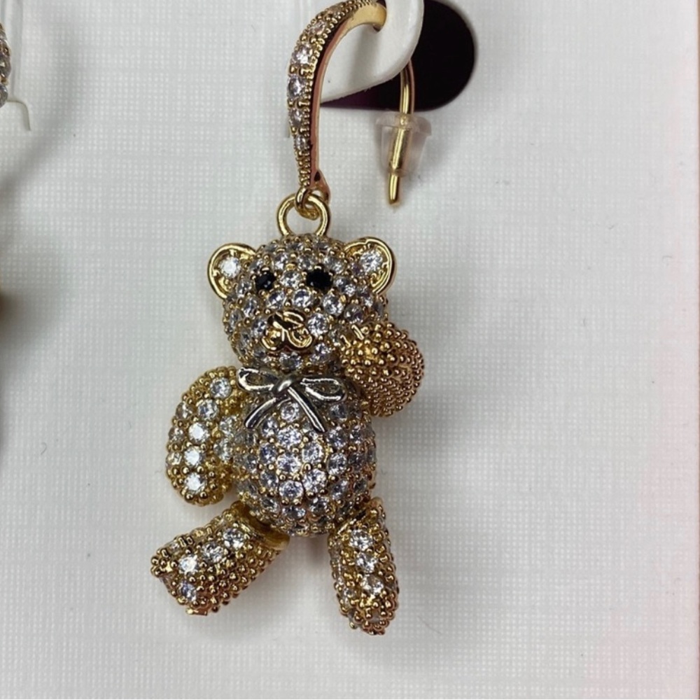 Piper K. Gold Tone Crystal Teddy Bear Drop Earrings - Picture 5 of 6
